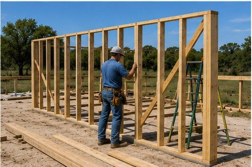 Worker framing a wooden structure at a construction site