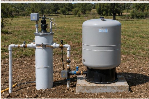 Finished well casing and pressure tank